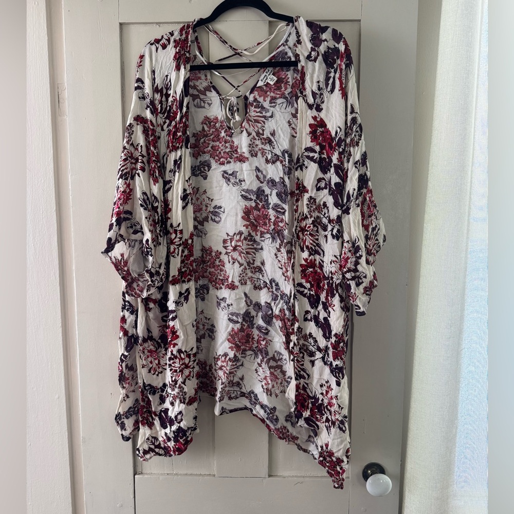 Boho Floral Kimono Cardigan – Lightweight Crinkled Open Front Top Small